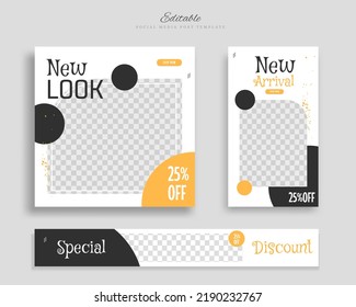 Set of Editable minimal square banner template. Blue yellow white background color with geometric shapes for social media post, story and web internet ads. Vector illustration	