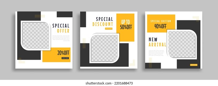 Conjunto de plantilla de banner cuadrado mínimo editable. Color de fondo blanco amarillo negro con formas geométricas para publicaciones en medios sociales y anuncios en Internet. Ilustración del vector