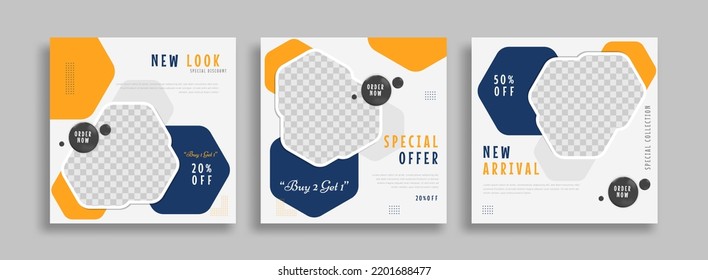Set of Editable minimal square banner template. Black yellow white background color with geometric shapes for social media post and web internet ads. Vector illustration