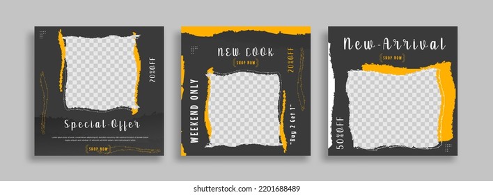 Set of Editable minimal square banner template. Black yellow white background color with geometric shapes for social media post and web internet ads. Vector illustration