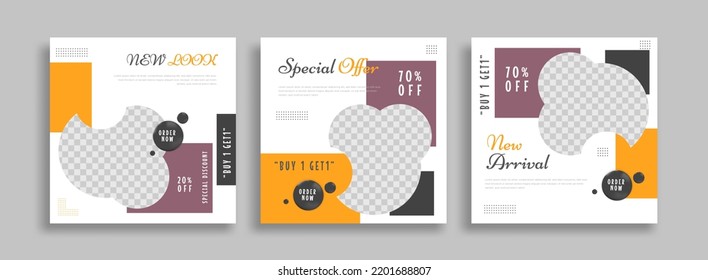 Set of Editable minimal square banner template. Black yellow white background color with geometric shapes for social media post and web internet ads. Vector illustration
