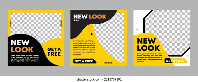 Set of Editable minimal square banner template. Black and yellow background color with stripe line shape. Suitable for social media post and web internet ads. Vector illustration with photo college