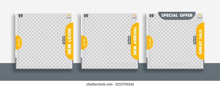 Set of Editable minimal square banner template. Blue yellow white background color with geometric shapes for social media post and web internet ads. Vector illustration