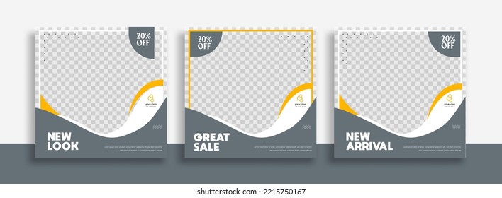 Set of Editable minimal square banner template. Blue yellow white background color with geometric shapes for social media post and web internet ads. Vector illustration