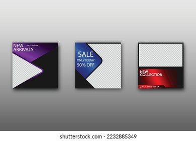 Conjunto de plantilla de banner cuadrado mínimo editable. Fondo de color de gradiente vibrante con formas geométricas para publicaciones en medios sociales y anuncios en Internet. Ilustración del vector