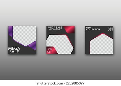Conjunto de plantilla de banner cuadrado mínimo editable. Fondo de color de gradiente vibrante con formas geométricas para publicaciones en medios sociales y anuncios en Internet. Ilustración del vector