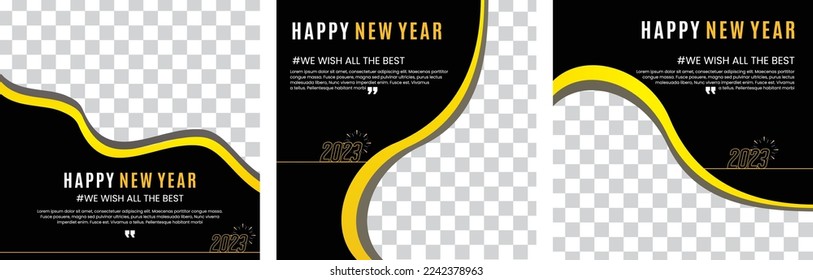 Set of Editable minimal square banner template. Black and yellow background color. Suitable for social media post. Vector happy new year.