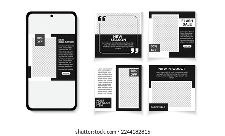 Set of Editable minimal square banner template. Black background color with stripe line shape. Stories template set for banner sale, presentation, flyer, poster, invitation.