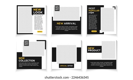 Set of Editable minimal square banner template. Black background color with stripe line shape. Stories template set for banner sale, presentation, flyer, poster, invitation.