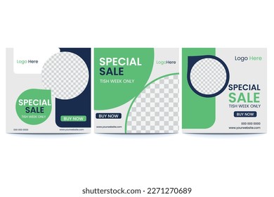 Set of Editable minimal square banner template. Black and Green background color with stripe line shape. Suitable for social media post and web internet ads. 