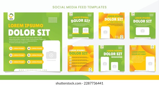 Set of Editable minimal square banner template. Green and yellow background color. Suitable for social media feed post and web internet ads. Vector illustration with photo frame.