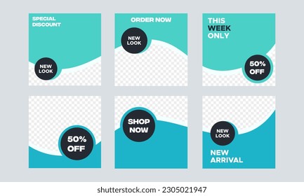 Set of Editable minimal square banner template. Turquoise background color. Suitable for social media post and web internet ads. Vector illustration with photo space