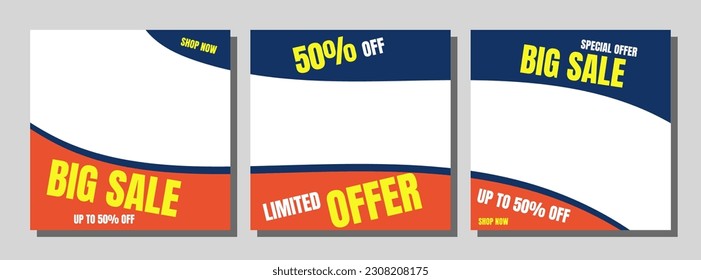 Set of Editable minimal square banner template. Red and Blue background color with shape. Suitable for social media post and web ads.