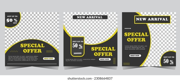 Conjunto de plantilla de banner cuadrado mínimo editable. Color de fondo negro y amarillo con forma de línea de rayas. Adecuado para publicaciones en medios sociales y anuncios en internet. Ilustración vectorial con colegio fotográfico