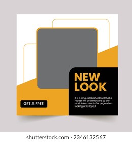 Set of Editable minimal square banner template. Black and Orange background color with stripe line shape. Suitable for social media posts and web internet ads. Vector illustration with photo collage