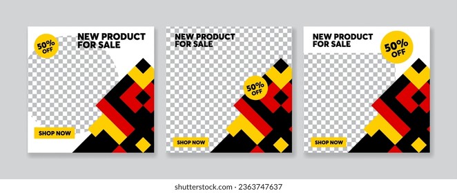 Set of Editable minimal square banner template. Black, red and yellow background color with stripe line shape. Suitable for social media post and web internet ads.