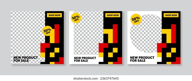 Set of Editable minimal square banner template. Black, red and yellow background color with stripe line shape. Suitable for social media post and web internet ads.