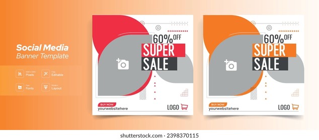 Set of Editable minimal square banner template. Orange and White background color with shape. fashion sale social media post and web ads.
