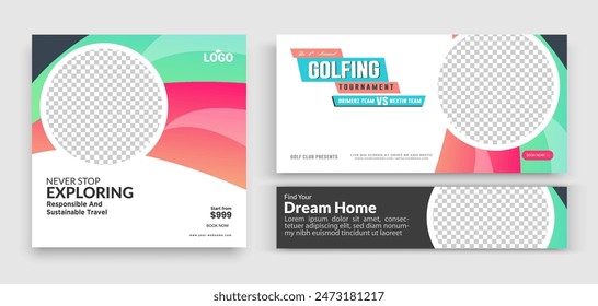 Set of Editable minimal square banner template. Multiple background color with stripe line shape. Suitable for social media post and web internet ads. Vector illustration with photo college