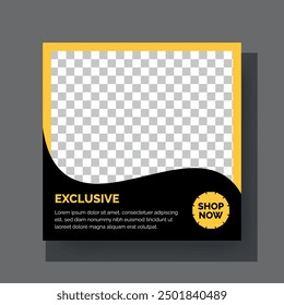 Set of Editable minimal square banner template. Black and yellow background color with stripe line shape. Suitable for social media post and web internet ads. Vector illustration with photo college