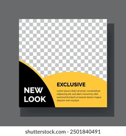 Set of Editable minimal square banner template. Black and yellow background color with stripe line shape. Suitable for social media post and web internet ads. Vector illustration with photo college
