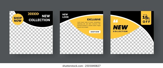 Set of Editable minimal square banner template. Black and yellow background color with stripe line shape. Suitable for social media post and web internet ads.