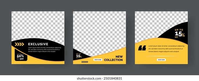 Set of Editable minimal square banner template. Black and yellow background color with stripe line shape. Suitable for social media post and web internet ads.