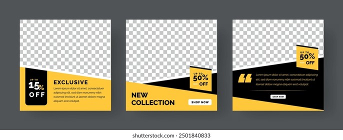 Set of Editable minimal square banner template. Black and yellow background color with stripe line shape. Suitable for social media post and web internet ads.