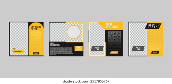 Conjunto de modelo de banner quadrado mínimo editável, kit de pacote de modelo de post de mídia social amarelo e preto, ilustração Vetor com colagem de fotos, Adequado para post de mídia social e anúncios de internet na Web