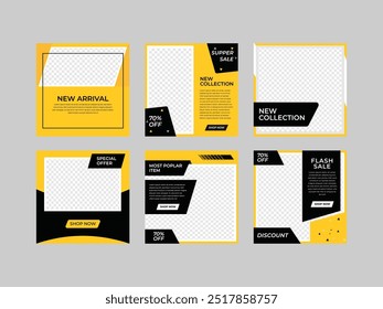Set of Editable minimal square banner template, Black Gold social media post  template, Black and yellow background color with stripe line shape