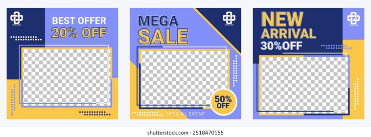 Set of Editable minimal square banner template. blue background color with geometric shapes for social media post, web ads, sale, photo template, promotion, discount, travel, sports, feed, story