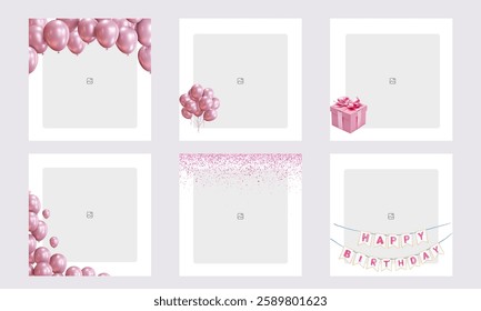  Set of editable minimal square banner templates with colorful backgrounds and element shapes. Suitable for social media posts and photo events. Birthday theme