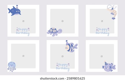  Set of editable minimal square banner templates with colorful backgrounds and element shapes. Suitable for social media posts and photo events. Birthday theme