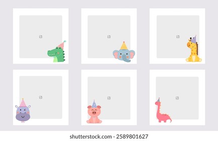  Set of editable minimal square banner templates with colorful backgrounds and element shapes. Suitable for social media posts and photo events. Birthday theme