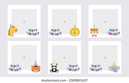  Set of editable minimal square banner templates with colorful backgrounds and element shapes. Suitable for social media posts and photo events. Birthday theme