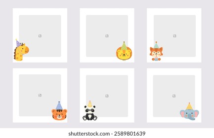  Set of editable minimal square banner templates with colorful backgrounds and element shapes. Suitable for social media posts and photo events. Birthday theme