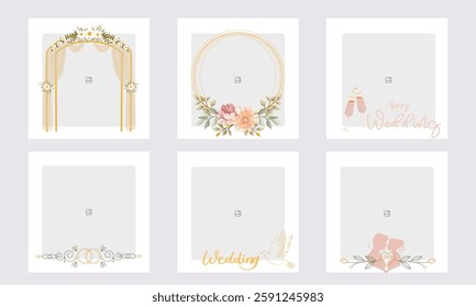  Set of editable minimal square banner templates with colorful backgrounds and element shapes. Suitable for social media posts and photo events. Wedding theme