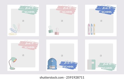  Set of editable minimal square banner templates with colorful backgrounds and element shapes. Suitable for social media posts and photo events. Back to school theme