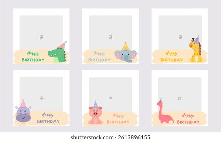 Set of editable minimal square banner templates with colorful backgrounds and element shapes. Suitable for social media posts and photo birthday party events. Happy birthday.