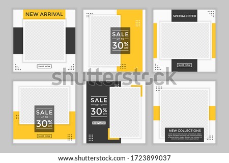 Set of Editable minimal square banner template. Black and yellow background color with shape. Suitable for social media post and web ads.