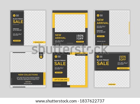 Set of Editable minimal square banner template. Black and yellow background color with shape. Suitable for social media post and web ads.