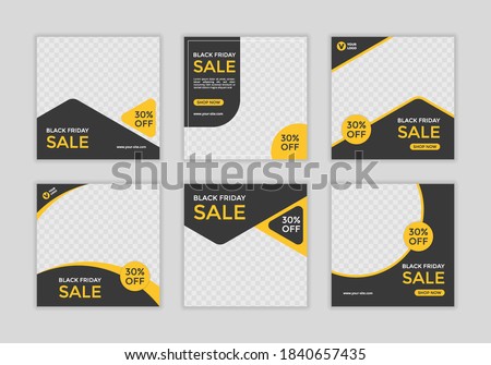 Set of Editable minimal square banner template. Black and yellow background color with shape. Suitable for social media post and web ads.