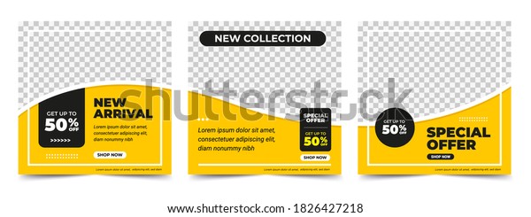 Set of Editable minimal square banner template.\
Black and yellow background color with stripe line shape. Suitable\
for social media post and web internet ads. Vector illustration\
with photo college