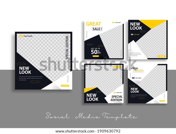 Set of Editable minimal square
banner template. Black yellow background color with geometric
shapes for social media post and web internet ads. Vector
illustration 