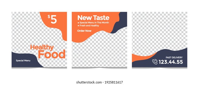 Set of Editable minimal square food banner template. Suitable for social media post and web internet ads. Vector illustration with photo college
