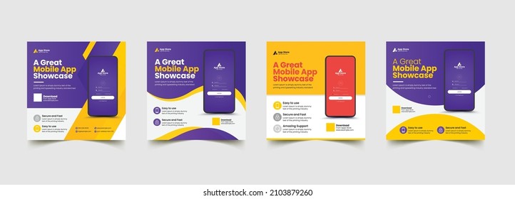 Set Of Editable Minimal Square Mobile App Promotion Social Media Post Banner Template. Blue And Yellow Background Color Web Internet Ads