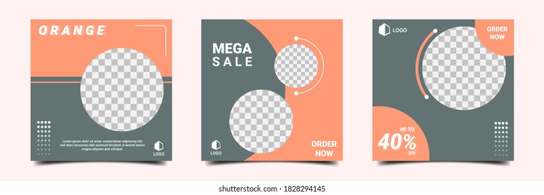Set editable minimalist modern square background template. Orange and grey color with photo collage. Perfect for social media post , background and web internet ads