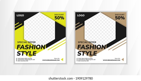 Set of Editable modern minimal square banner templates. white and black background color with hexagon shape for photo. green and brown elements Suitable for social media post and web or internet ads. 
