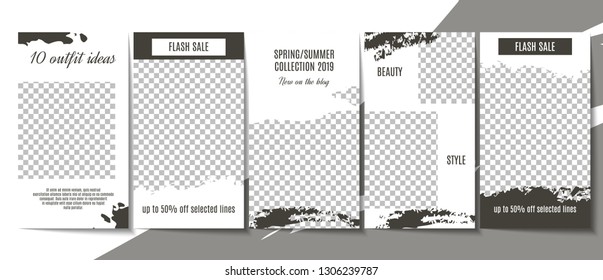 Set of editable monochrome stories template. Simple minimalistic brush mark design for creating social media unique content. Modern white template. Stock vector