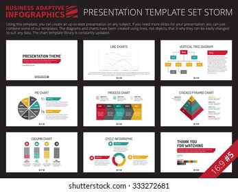 Set of editable multicolored infographic presentation template with graphs and charts on white background